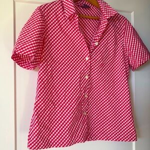 Gingham pinkish red checkered button down top 10